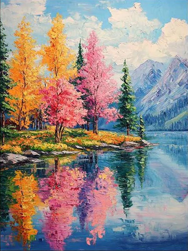 Autumn Lake Oil Painting - Colorful Forest Reflection Art TC 008 - Texarart