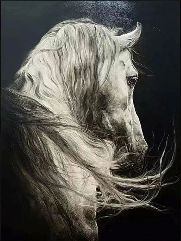 White Horse Oil Painting | Large Black & White Equine Art ZZ 017 - Texarart