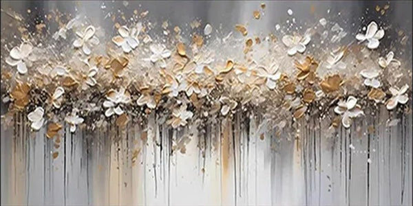 Textured Floral Abstract Oil Art - Gold Beige with Dripping JJ 021 - Texarart