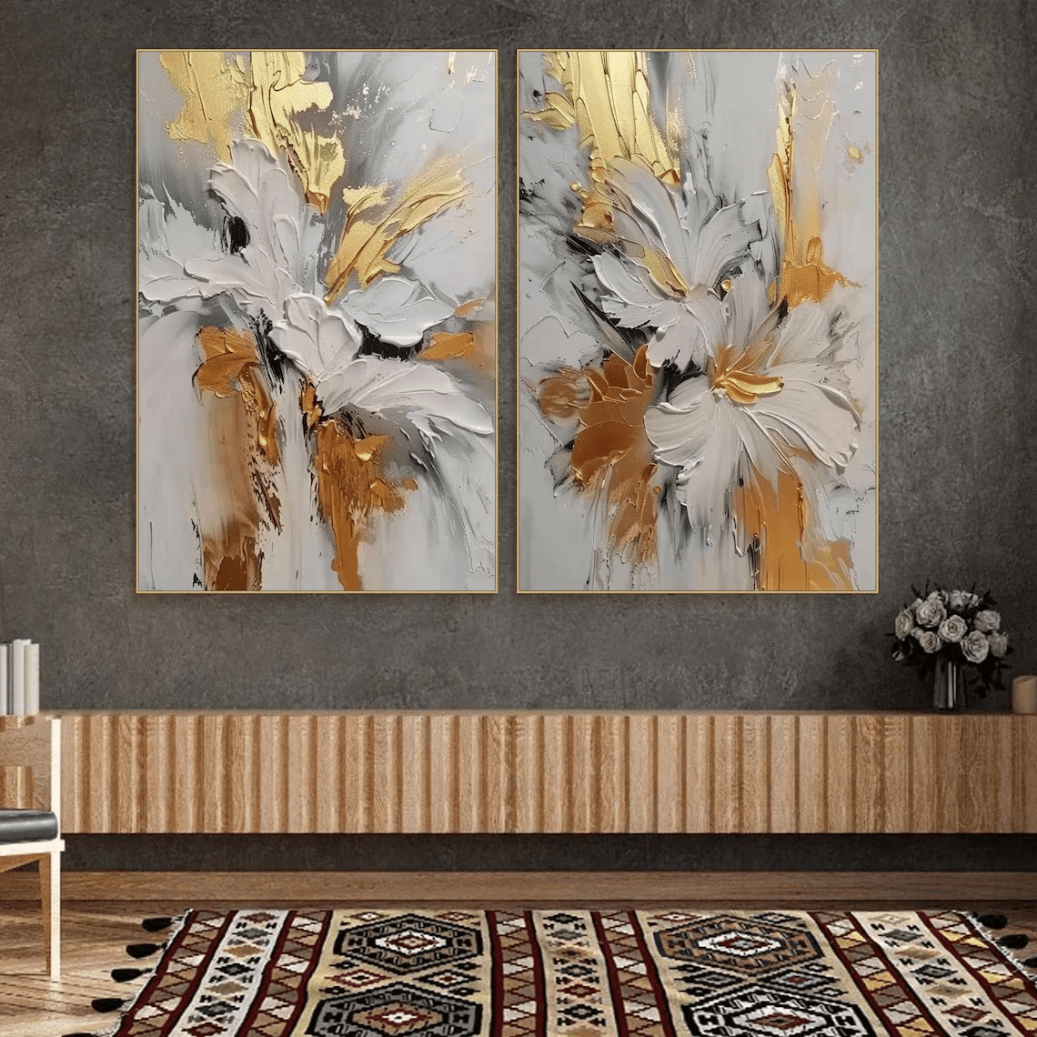 Set of 2 Textured Abstract Paintings |Gold & Grey Art TC 102 - Texarart