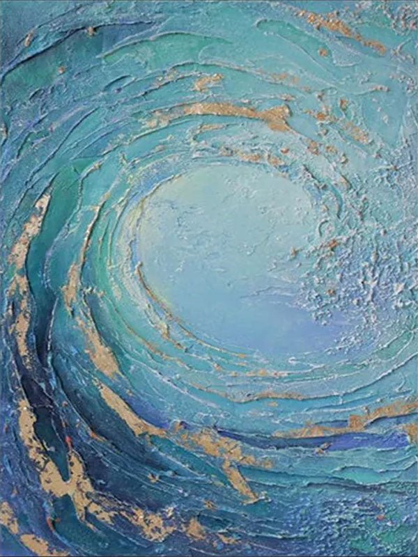 Abstract Ocean Wave Oil Painting, Blue and Gold Textured Wall Art TC 068 - Texarart