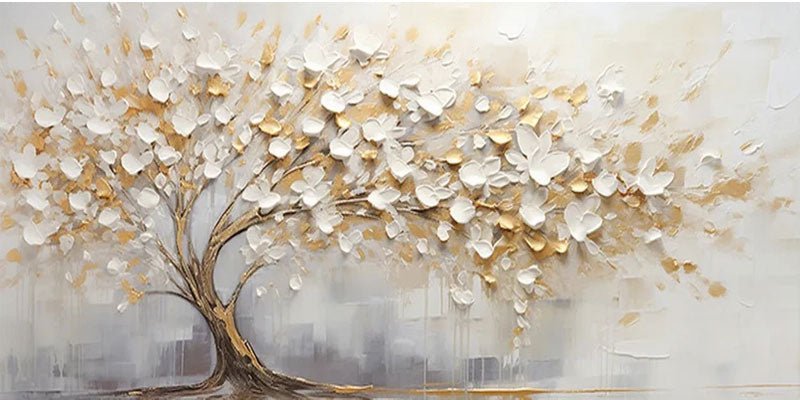 3D Blossom Tree Painting, Handmade White Gold Canvas Artwork TC 069 - Texarart