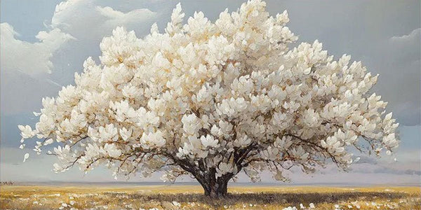 Modern White Blossom Tree Painting, Serene Countryside TB 079 - Texarart