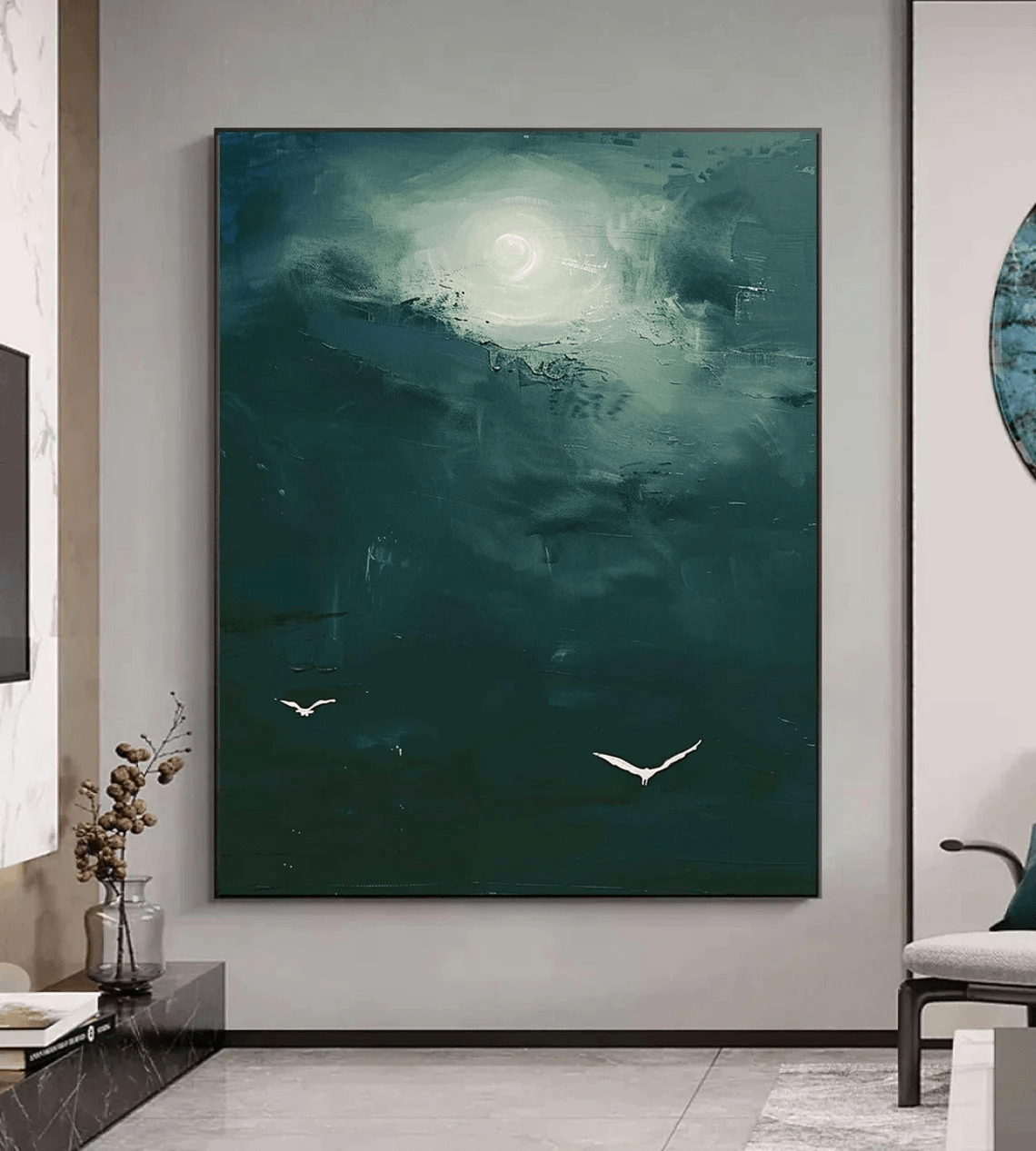 Dark Teal Abstract Oil Painting with Moon and Birds Wall Art TC 029 - Texarart