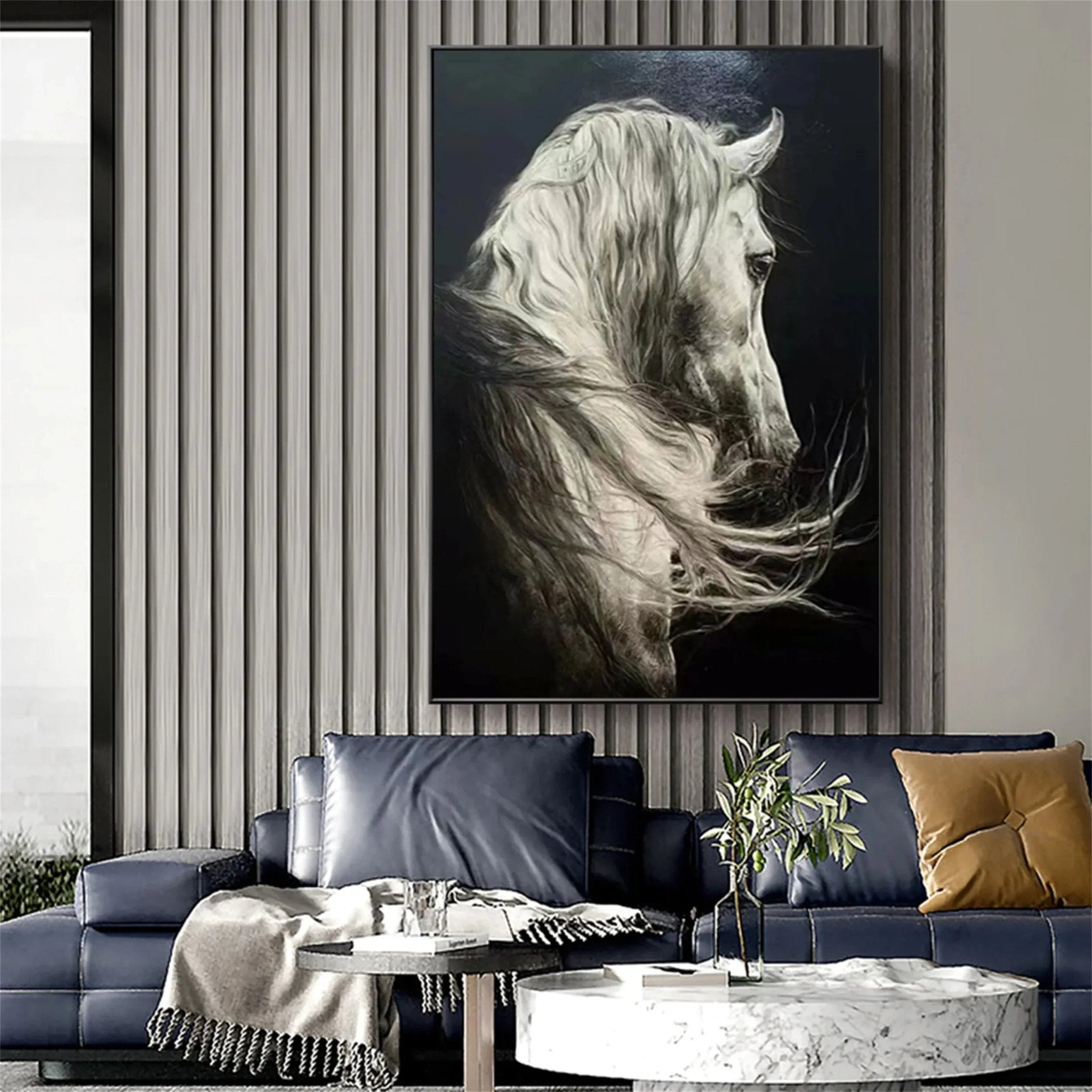 White Horse Oil Painting | Large Black & White Equine Art ZZ 017 - Texarart