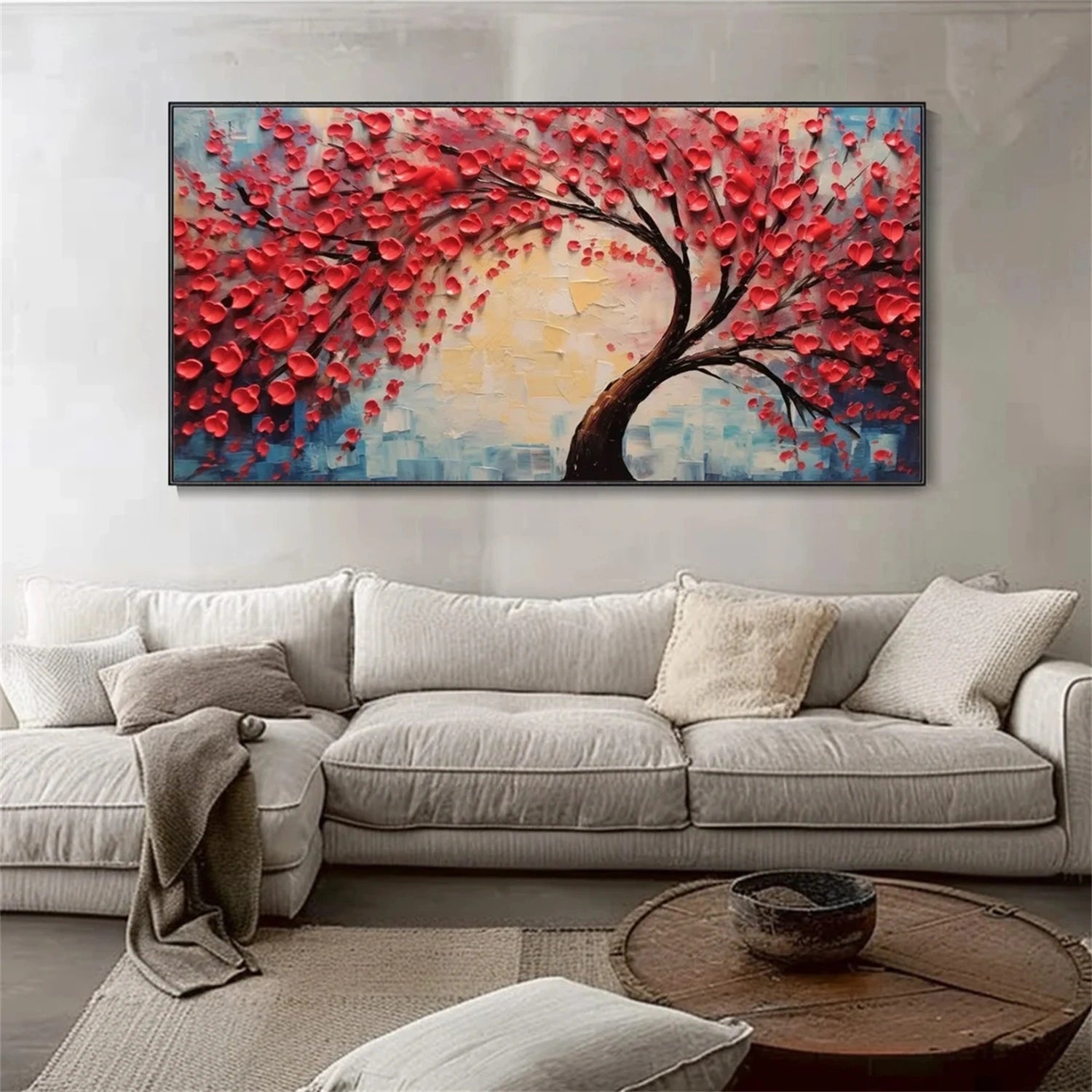 Red Blossom Tree Painting | Textured Abstract Floral Landscape JJ 336 - Texarart