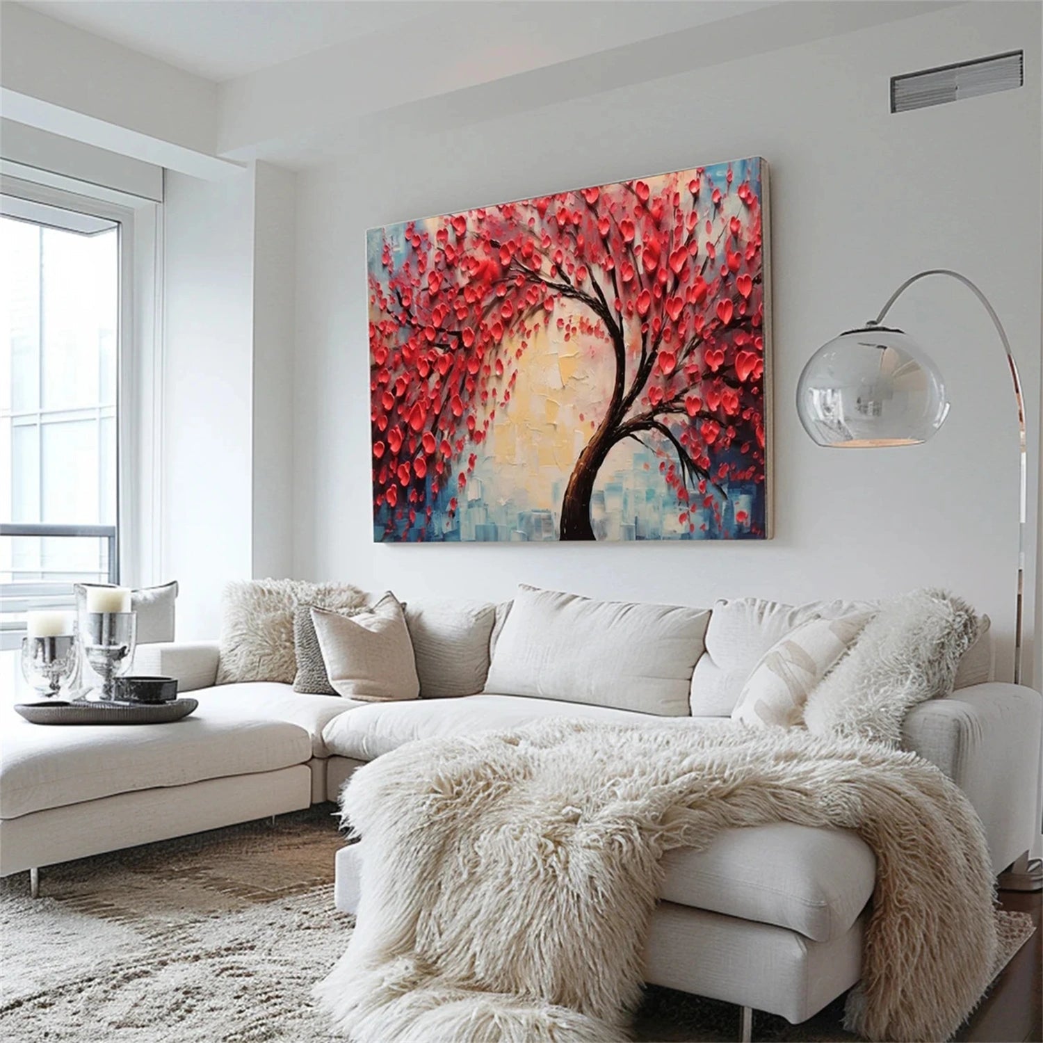 Red Blossom Tree Painting | Textured Abstract Floral Landscape JJ 336 - Texarart