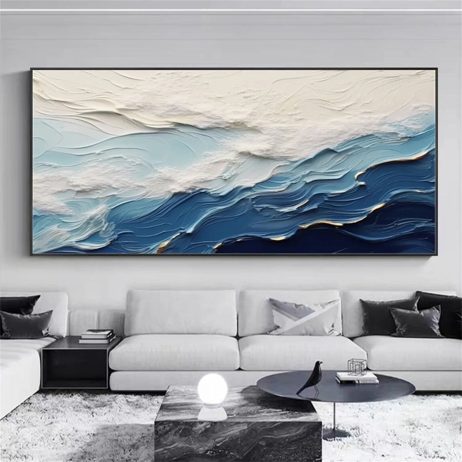 Wide Format Blue and White Textured Wave Abstract Oil Painting - Modern Ocean Art JJ 167 - Texarart