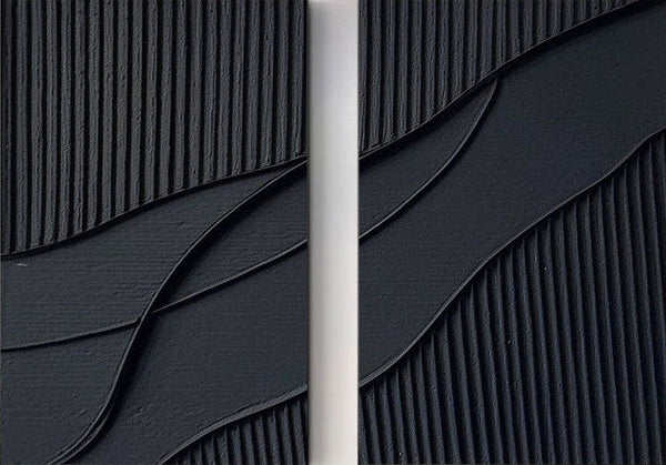 Black Plaster Texture Wall Art | Large Contemporary Abstract Canvas Set of 2 ZZ 137 - Texarart