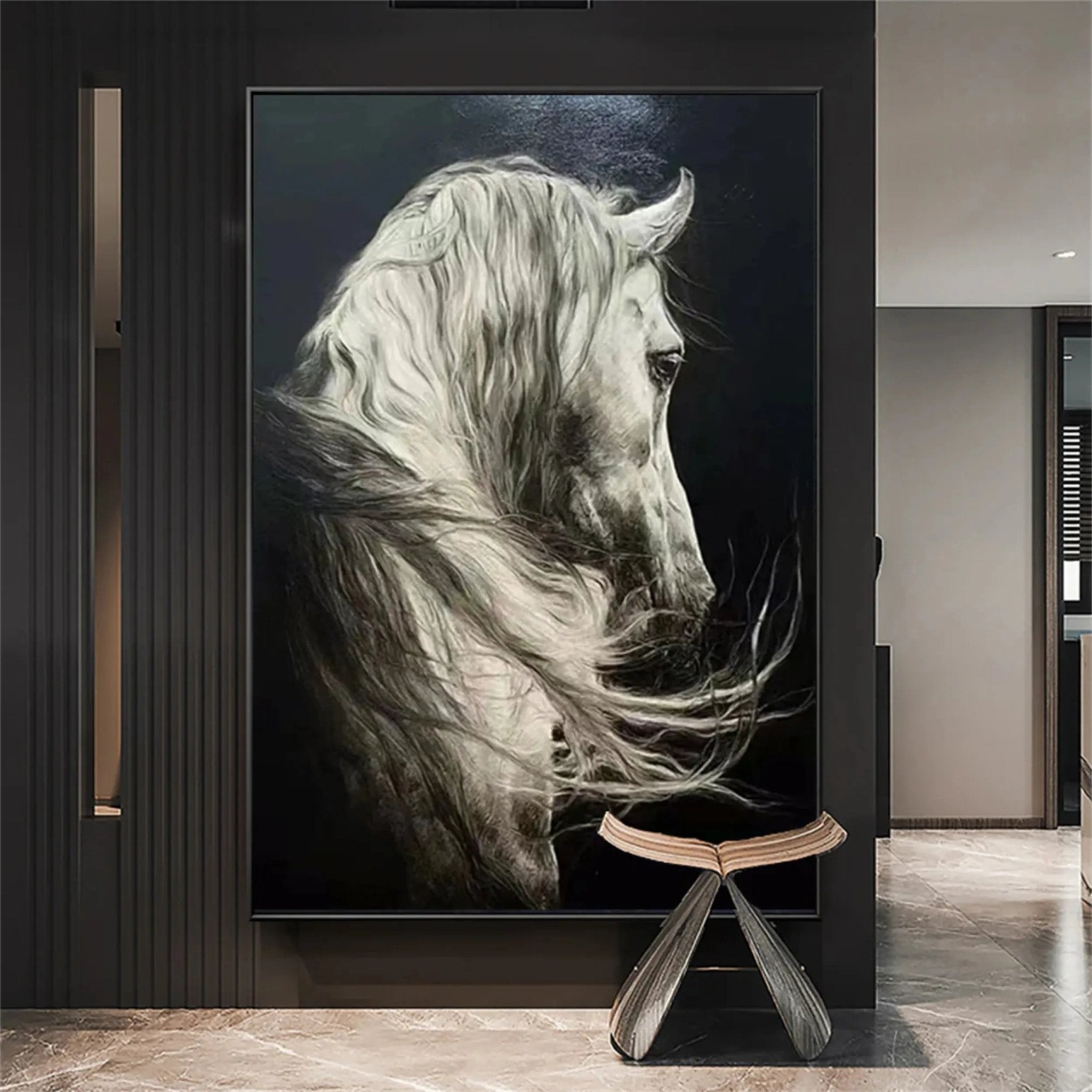 White Horse Oil Painting | Large Black & White Equine Art ZZ 017 - Texarart