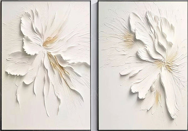 Contemporary Floral Design: White Textured Abstract Canvas Set of 2 ZZ 140 - Texarart