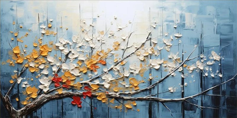 Textured Floral Wall Art | Large Blue Gold Blossom Branch Painting ZZ 141 - Texarart