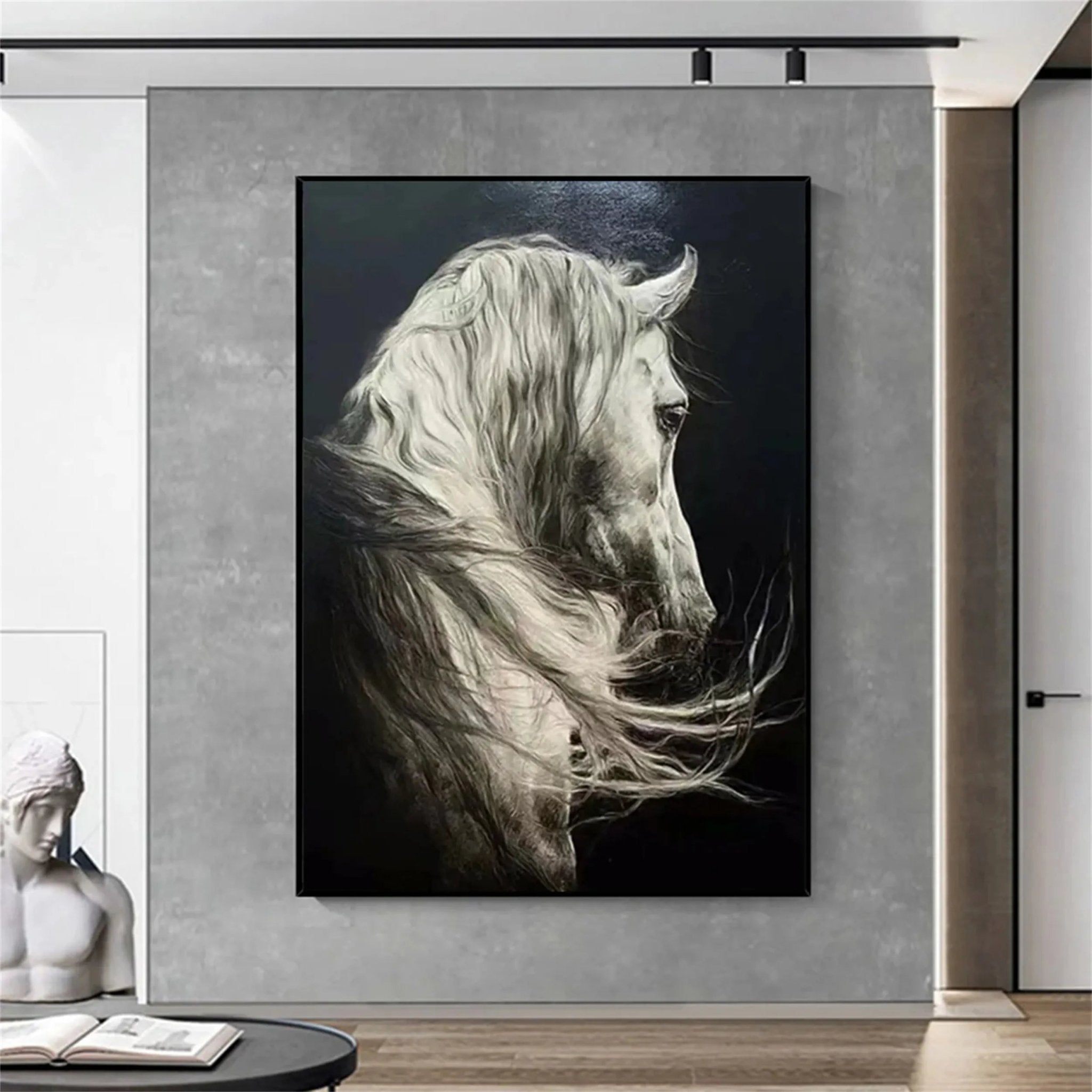 White Horse Oil Painting | Large Black & White Equine Art ZZ 017 - Texarart