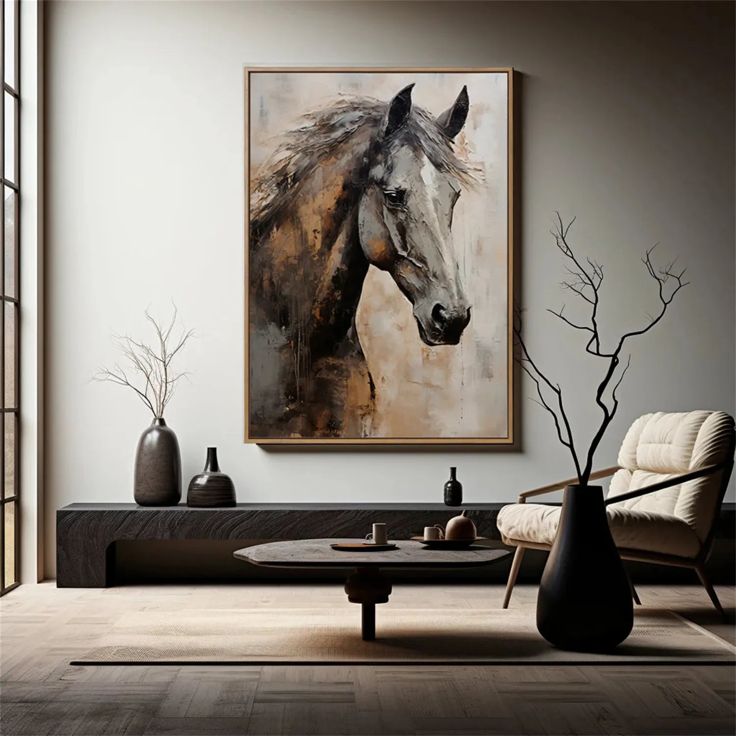 Textured Black Horse Art: Modern Equestrian Oil Painting on Canvas ZZ 021 - Texarart