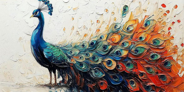 Colorful Peacock Wall Art | Large Textured Bird Painting Canvas ZZ 173 - Texarart