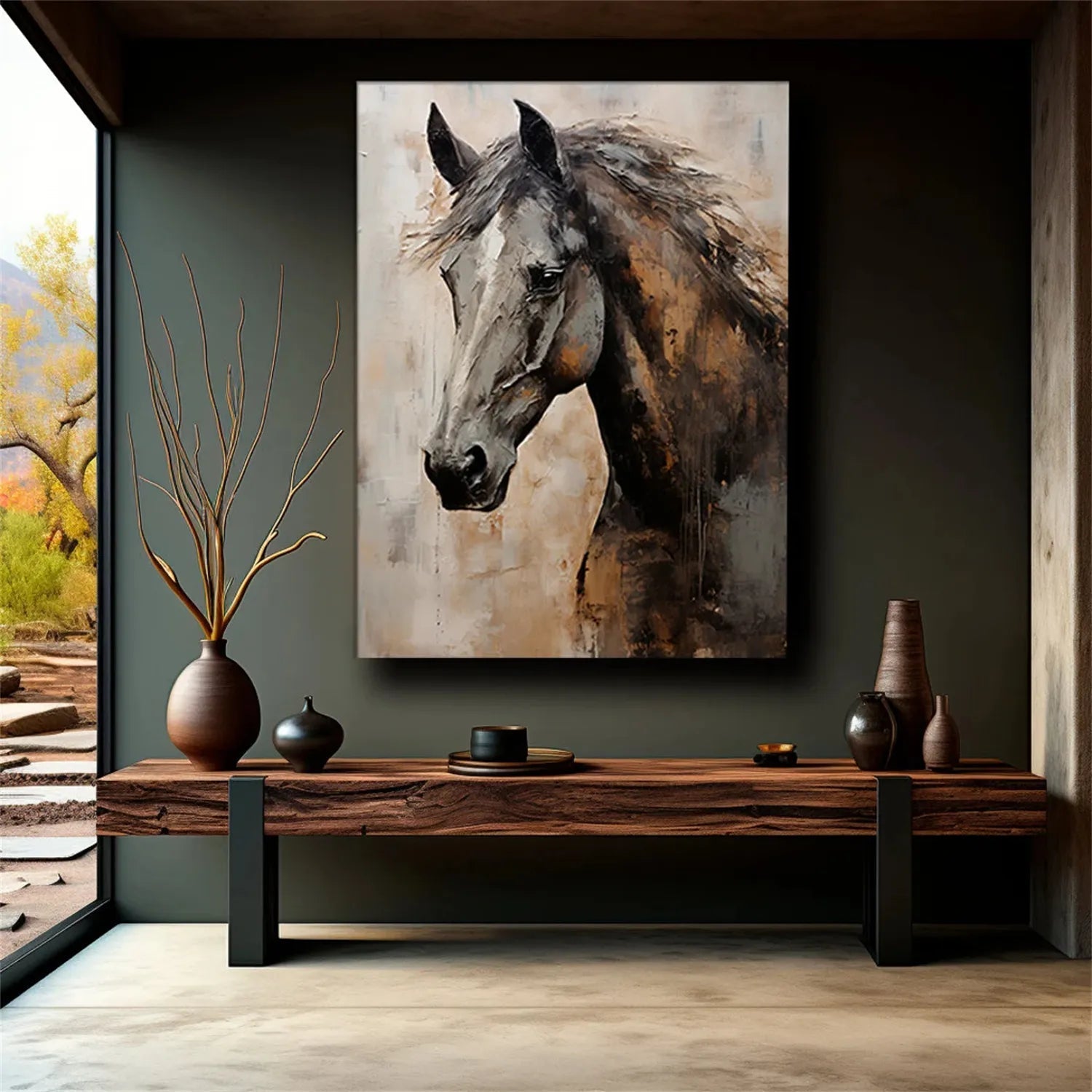 Textured Black Horse Art: Modern Equestrian Oil Painting on Canvas ZZ 021 - Texarart