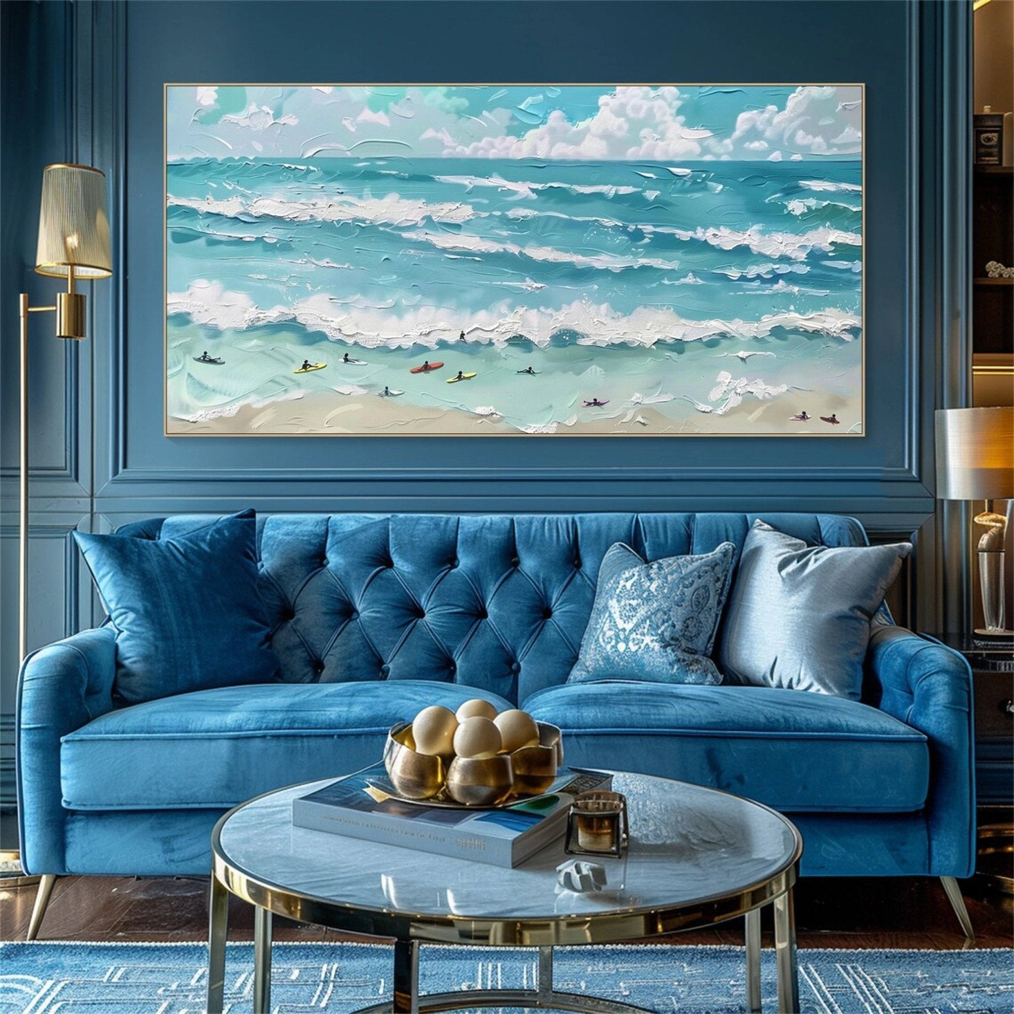 Surfboard Beach Painting | Turquoise and White Impasto Seascape Home Decor JJ 249 - Texarart