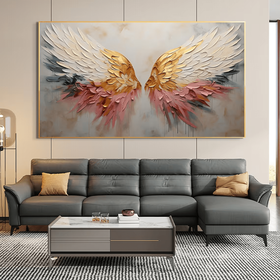Textured Angel Wings Abstract Oil Painting - Gold & Peach Art JJ 031 - Texarart