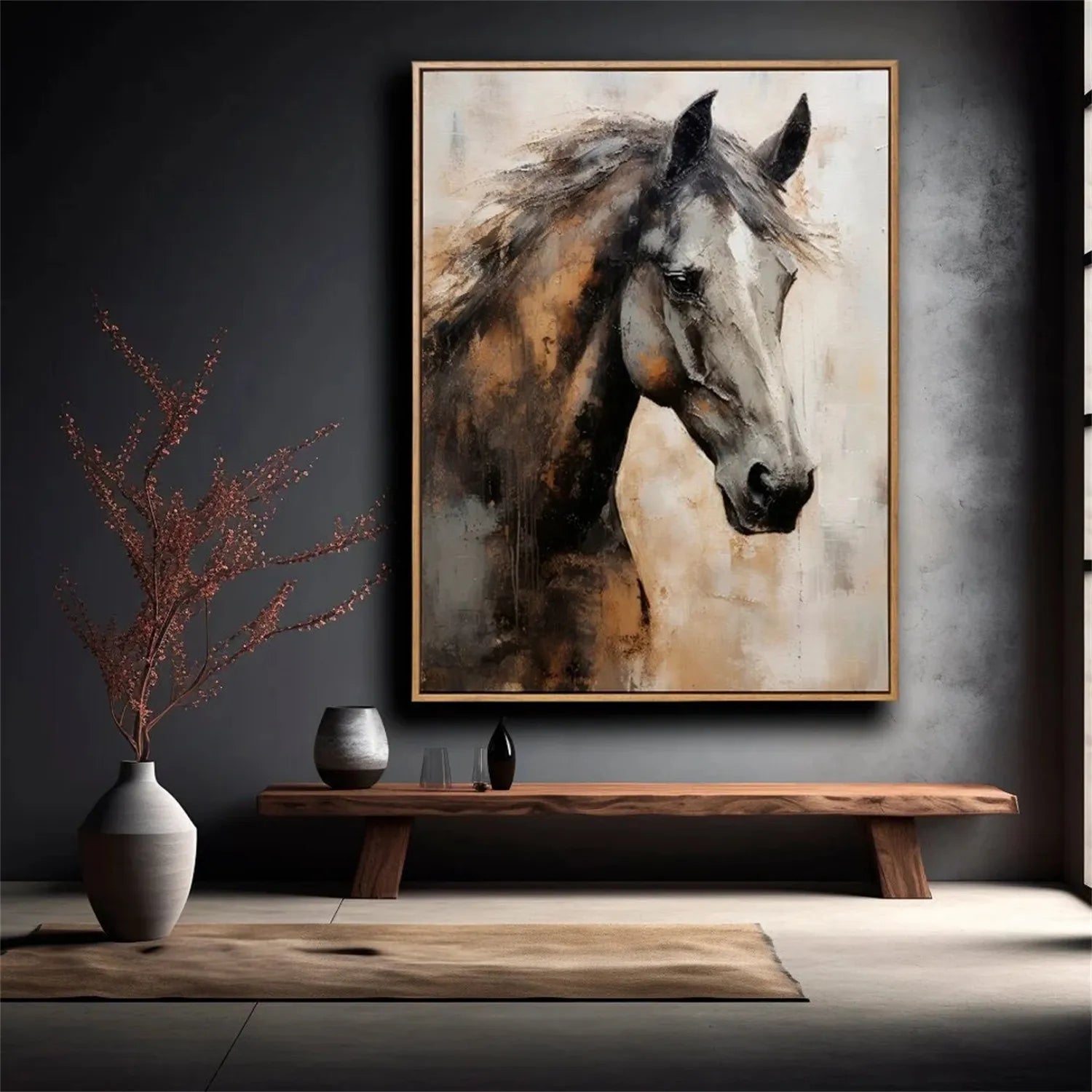 Textured Black Horse Art: Modern Equestrian Oil Painting on Canvas ZZ 021 - Texarart