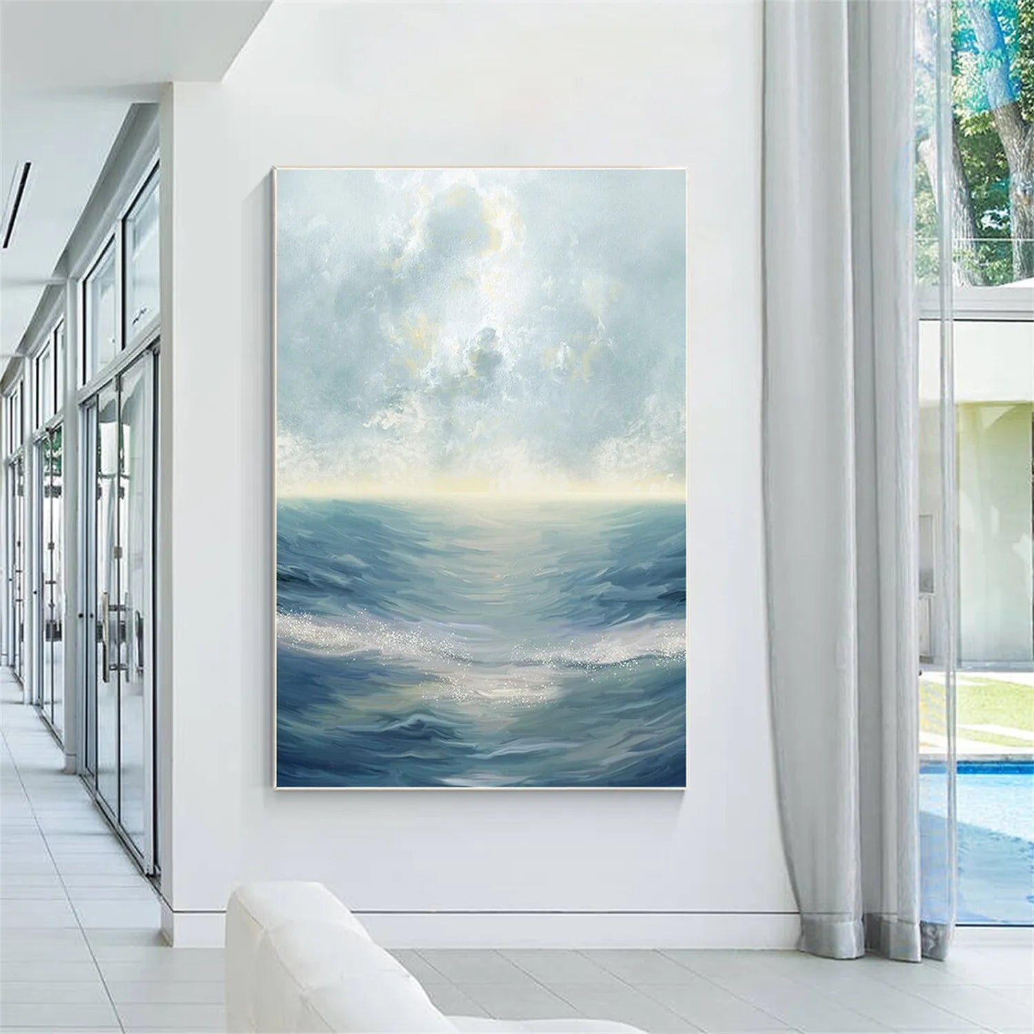 Soft Blue and Beige Ocean Sky Abstract Oil Painting - Modern Serene Art JJ 121 - Texarart