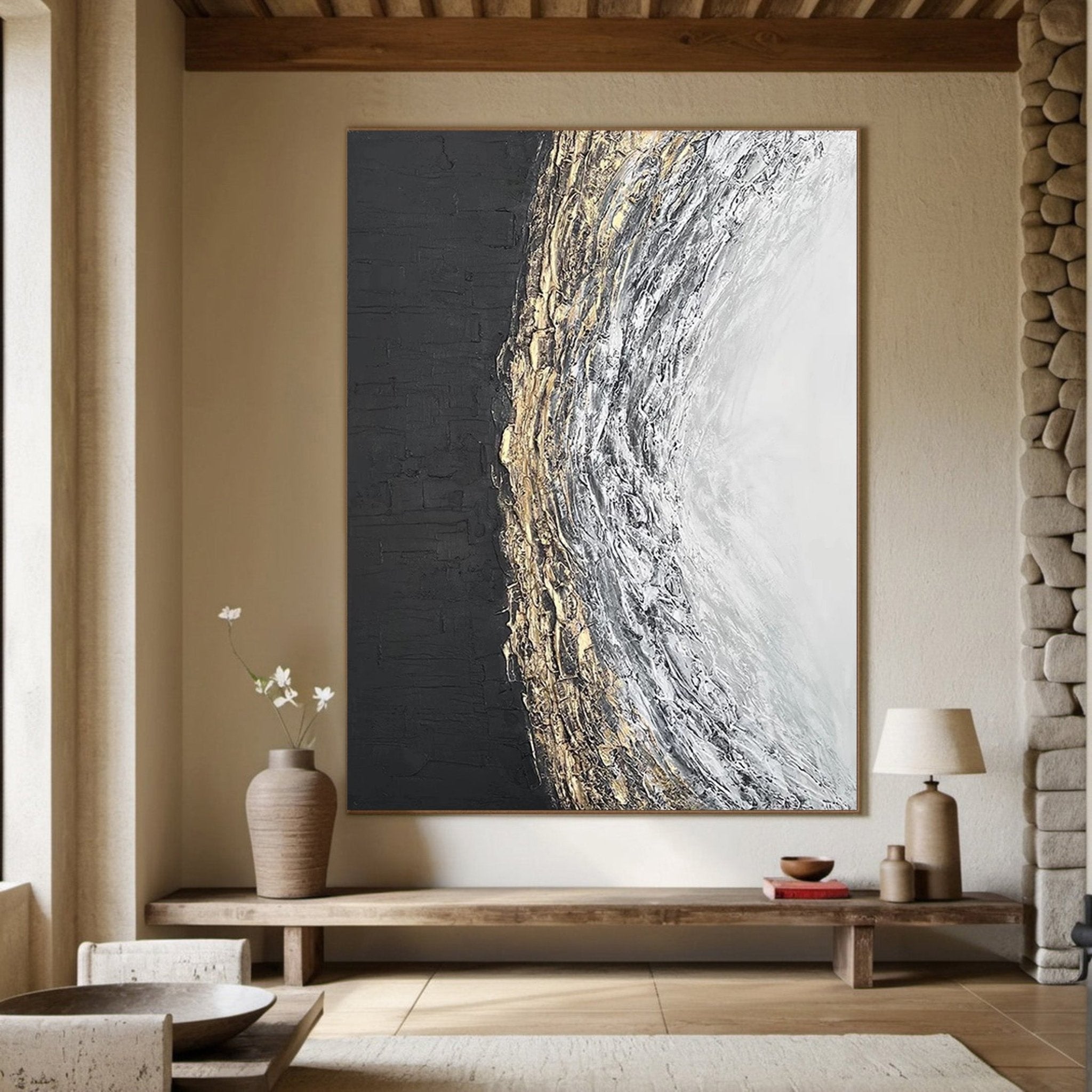 Black White Gold Textured Abstract Oil Painting - Modern Art JJ 063 - Texarart