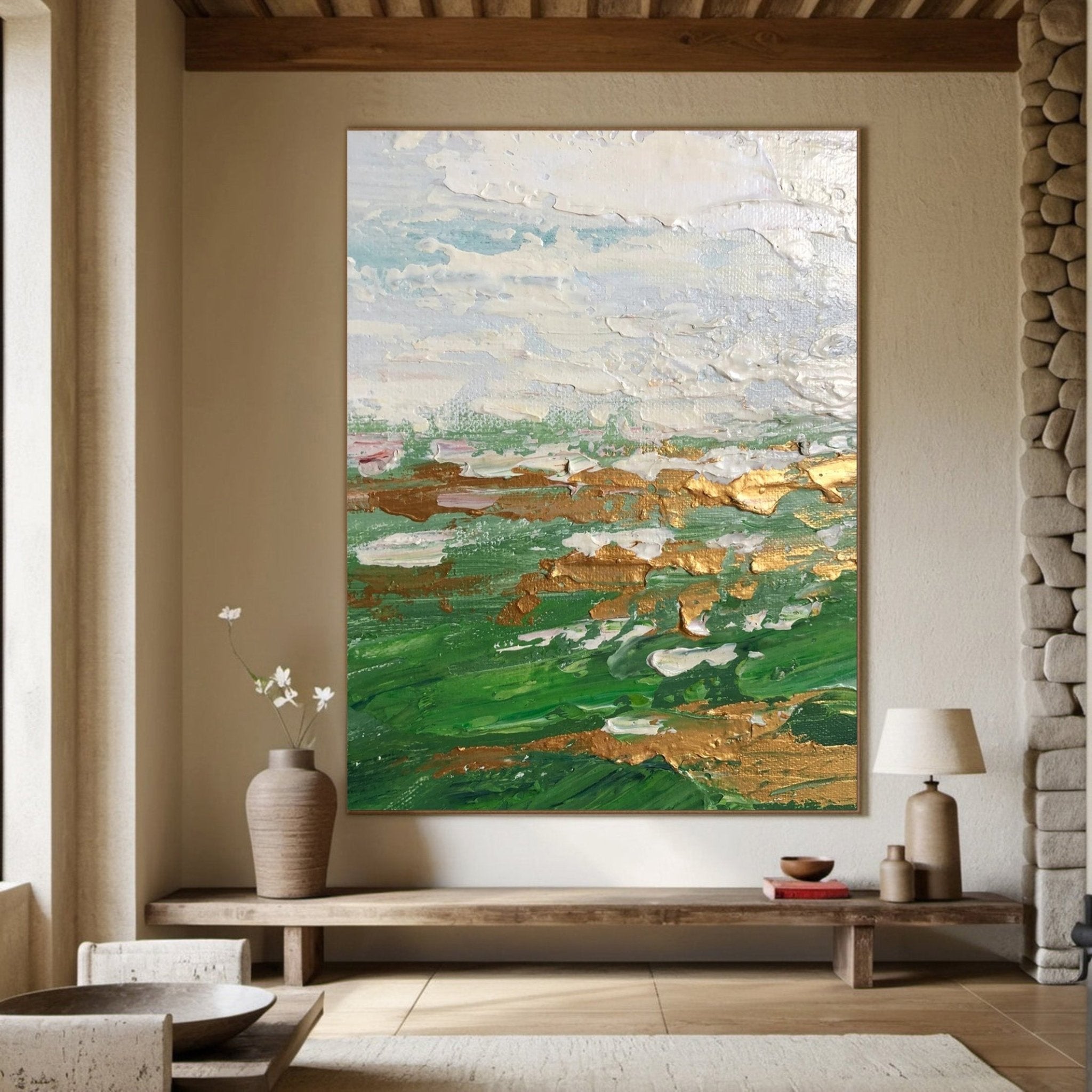 Green Gold and White Abstract Painting | Large Textured Landscape Art JJ 069 - Texarart