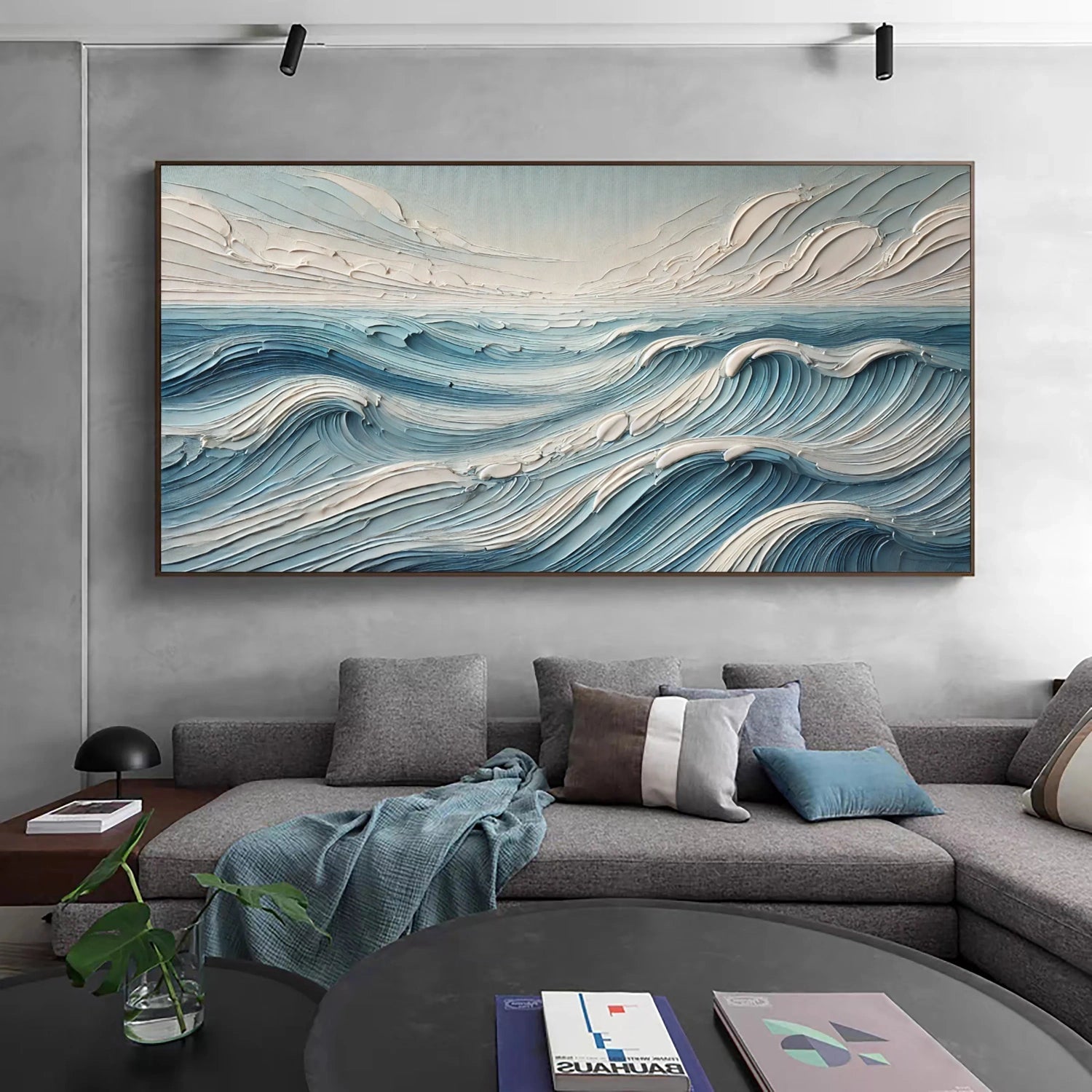 Wide Calm Ocean Wave Textured Abstract - Blue and White Minimalist Oil Painting JJ 166 - Texarart