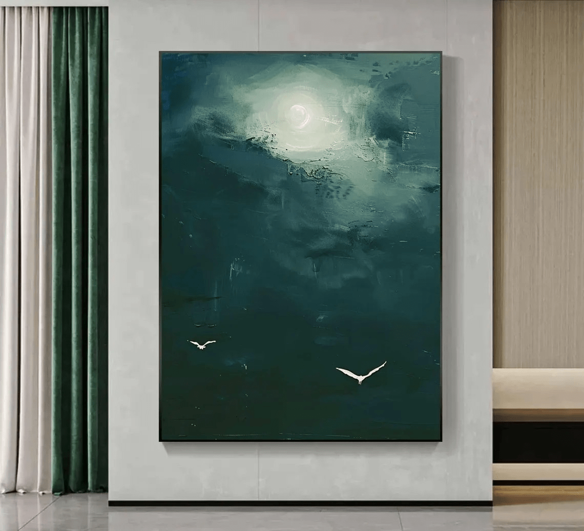 Dark Teal Abstract Oil Painting with Moon and Birds Wall Art TC 029 - Texarart