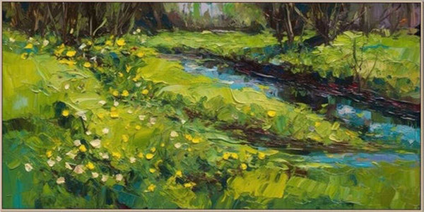 Buy Large Landscape Oil Painting | Vibrant Green Field & River Wall Art TB 088 - Texarart