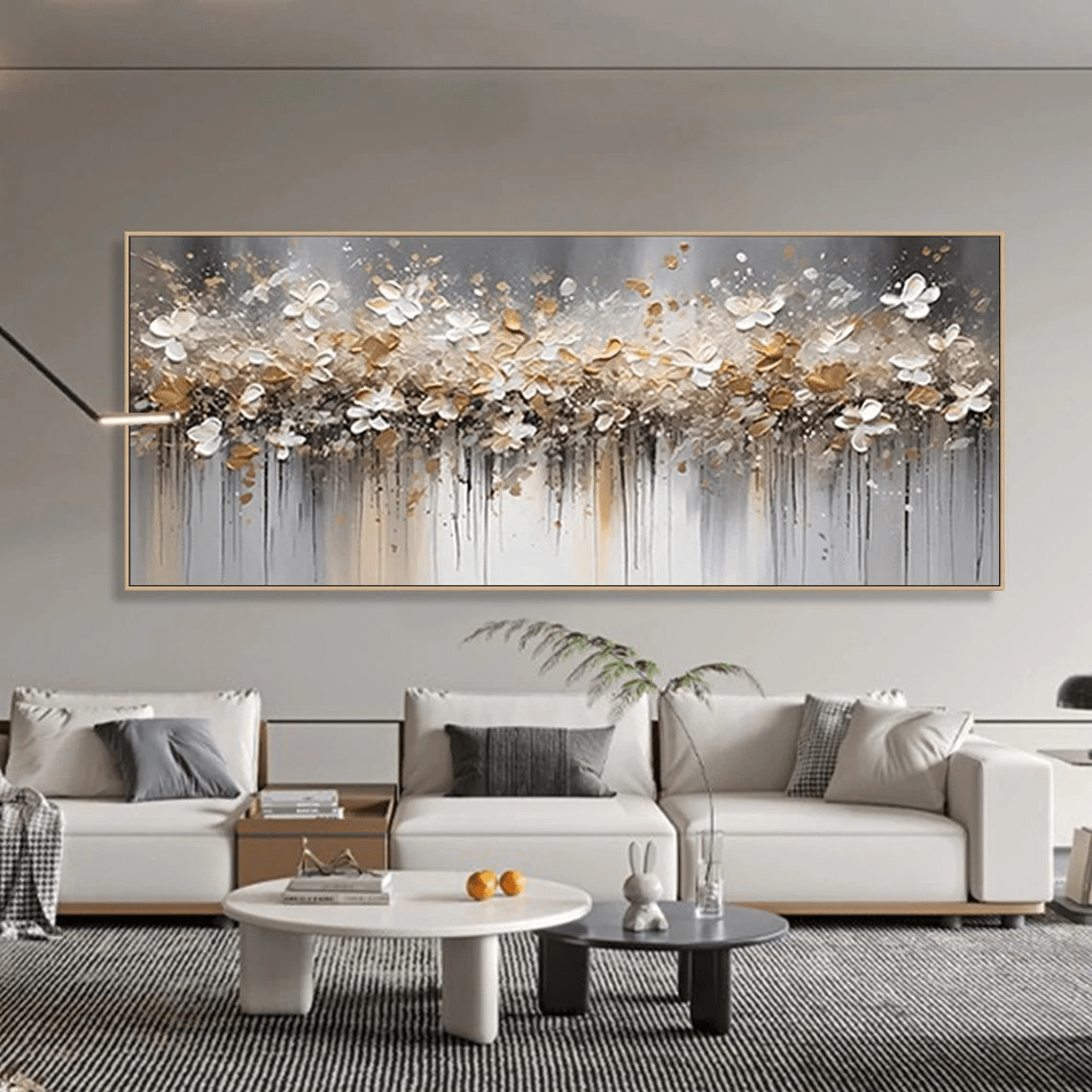 Textured Floral Abstract Oil Art - Gold Beige with Dripping JJ 021 - Texarart