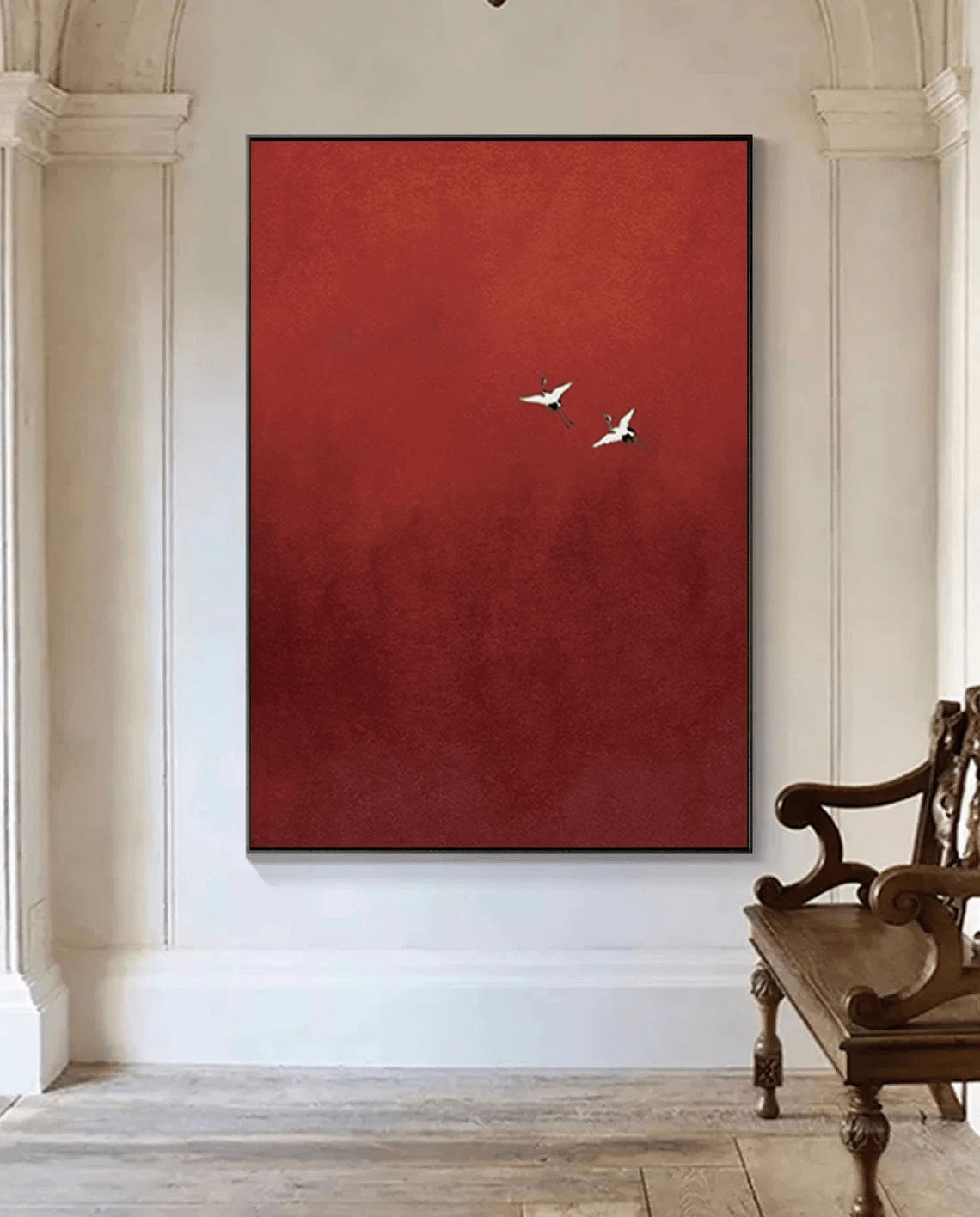 Minimalist Red Abstract Oil Painting with Flying Birds Wall Art TC 026 - Texarart