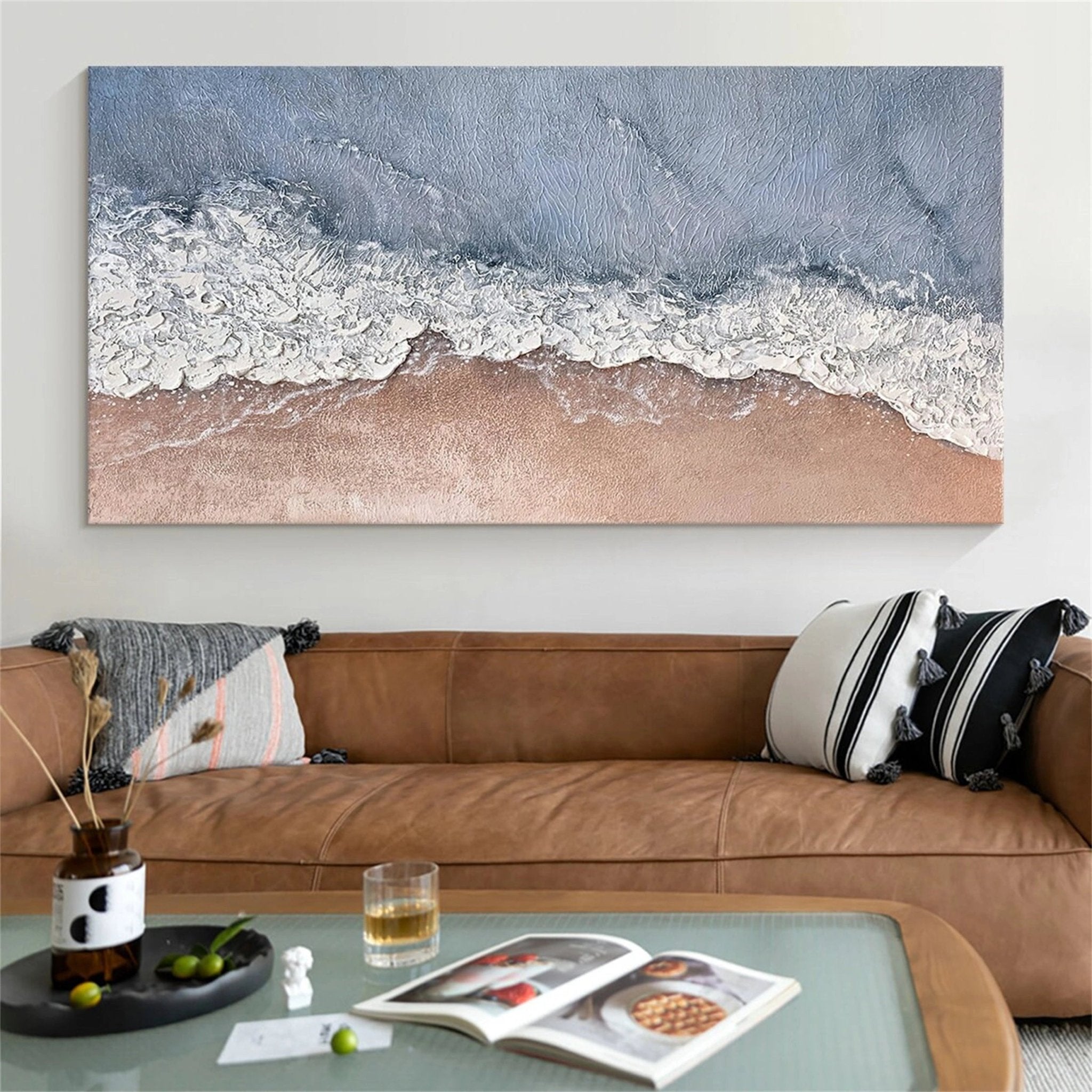 Wide Top - Down Coastal Textured Abstract - Blue White Beige Modern Oil Painting JJ 175 - Texarart