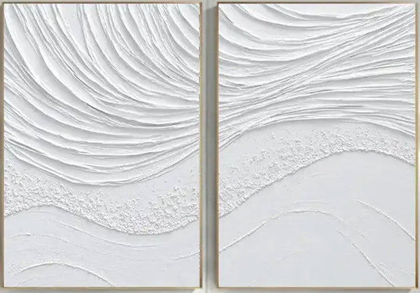 White Textured Wave Art Set | Coastal Abstract Canvas Diptych JJ 088 - Texarart