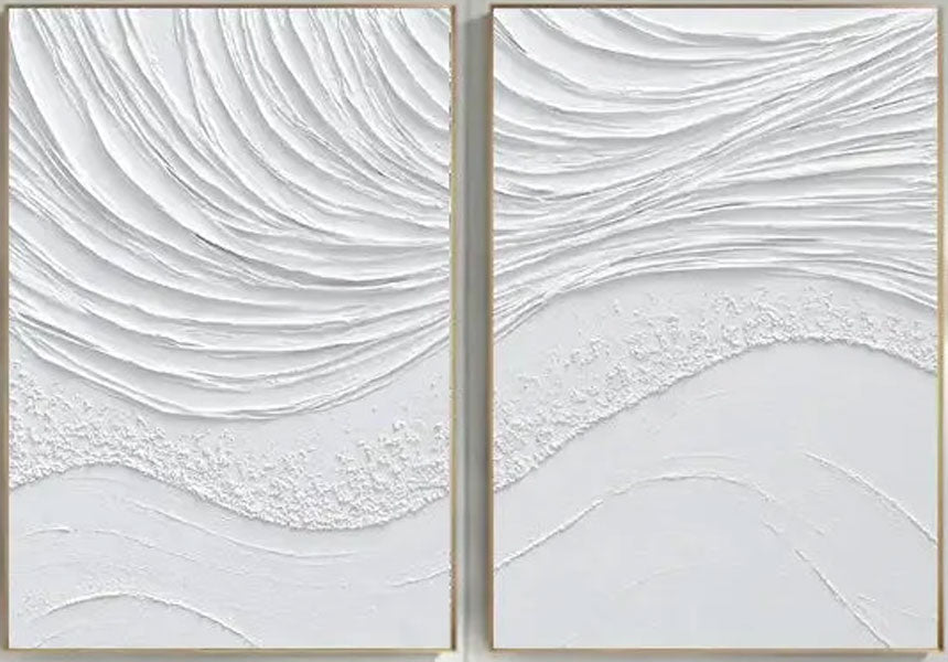 White Textured Wave Art Set | Coastal Abstract Canvas Diptych JJ 088 - Texarart