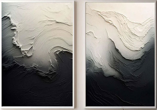 Black & White 3D Texture Abstract Art, Modern Pair TB 032 - Texarart