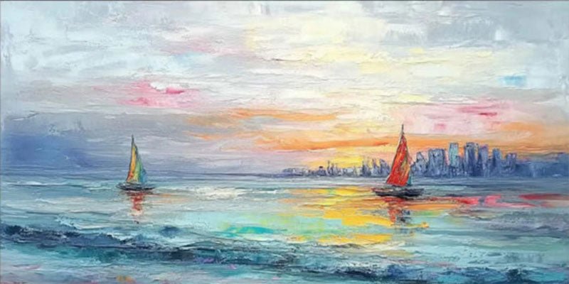 Sunset Seascape Sailboats City Abstract Oil Painting for Home Decor JJ 181 - Texarart