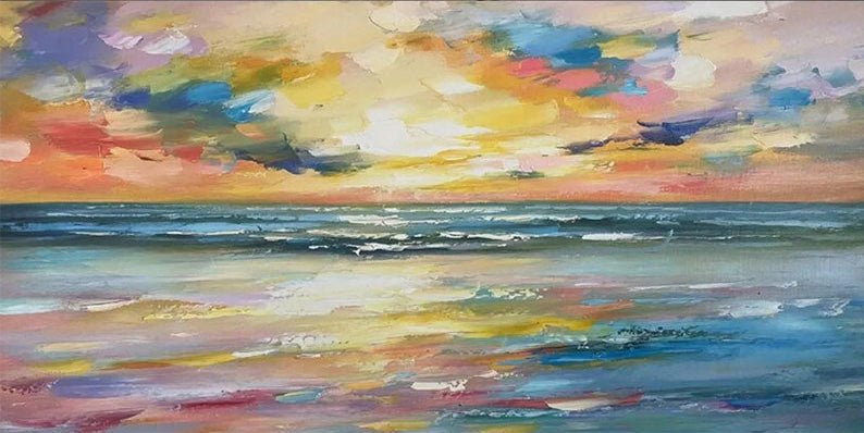 Colorful Sunset Seascape Art - Textured Ocean Oil Painting JJ 192 - Texarart