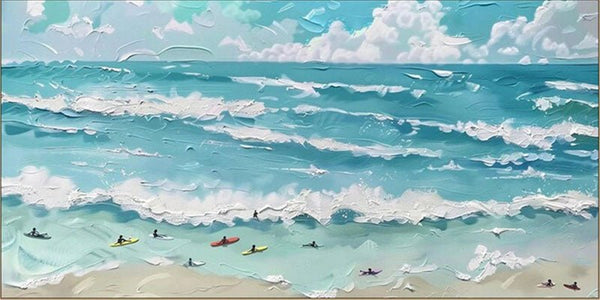 Surfboard Beach Painting | Turquoise and White Impasto Seascape Home Decor JJ 249 - Texarart