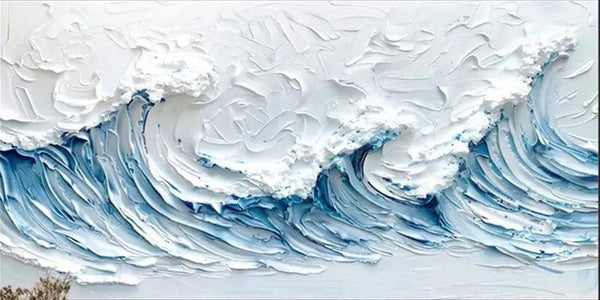 Modern Panoramic Blue Wave Textured Abstract Oil Painting - Ocean Art JJ 179 - Texarart