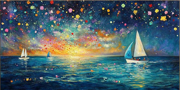 Modern Art Night Sailboat Painting, Vibrant Color Ocean Decor TB 045 - Texarart