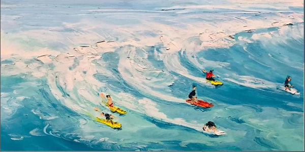 Textured Seascape Oil Painting - Light Blue Beige Art Deco JJ 190 - Texarart