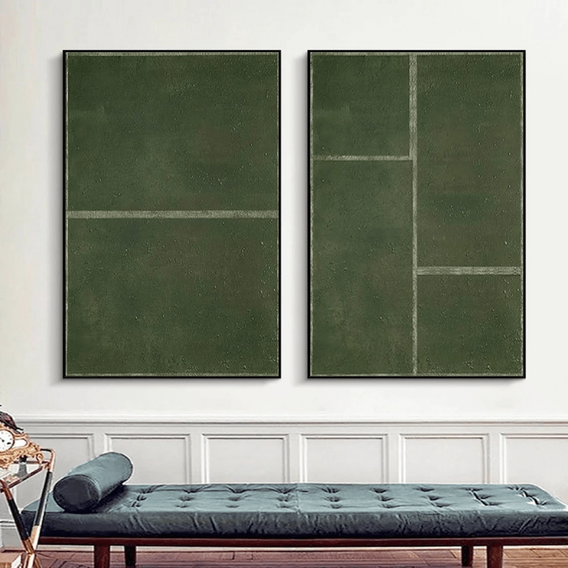 Set of 2 Large Abstract Green Oil Paintings with Geometric Design |  TC 017 - Texarart