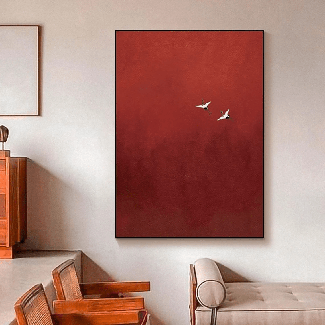 Minimalist Red Abstract Oil Painting with Flying Birds Wall Art TC 026 - Texarart