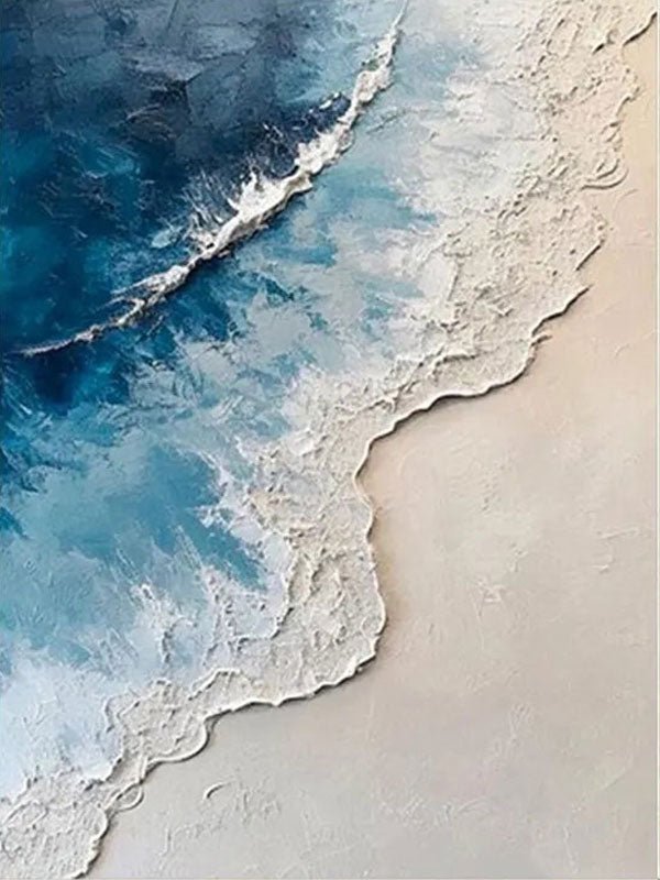 Calm Coastal Sand and Sea Textured Abstract - Blue and White Minimalist Oil Painting JJ 136 - Texarart