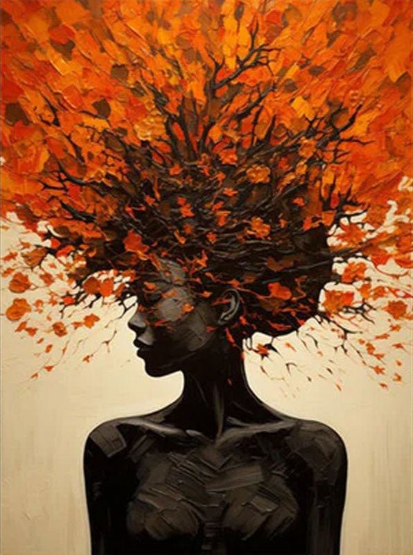 Orange Brown Explosive Hair Abstract Portrait Painting, Modern Art Wall Art TB 044 - Texarart