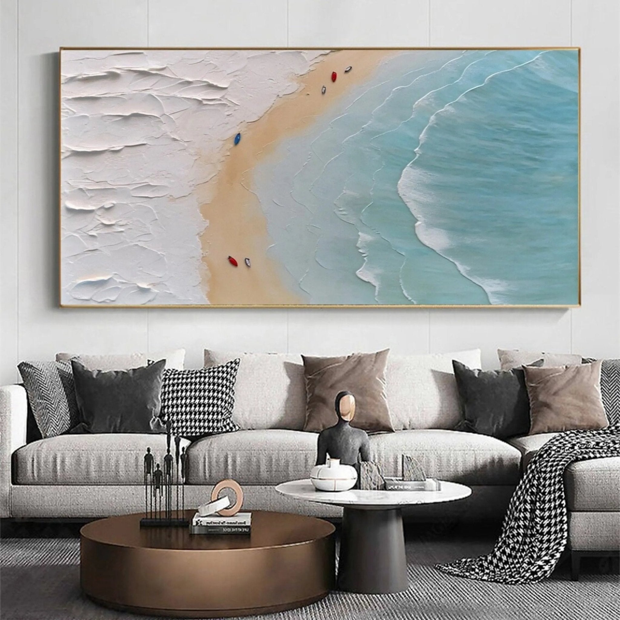 Art Deco Calm Coastal Textured Abstract Oil Painting - Light Blue Wall Art JJ 189 - Texarart