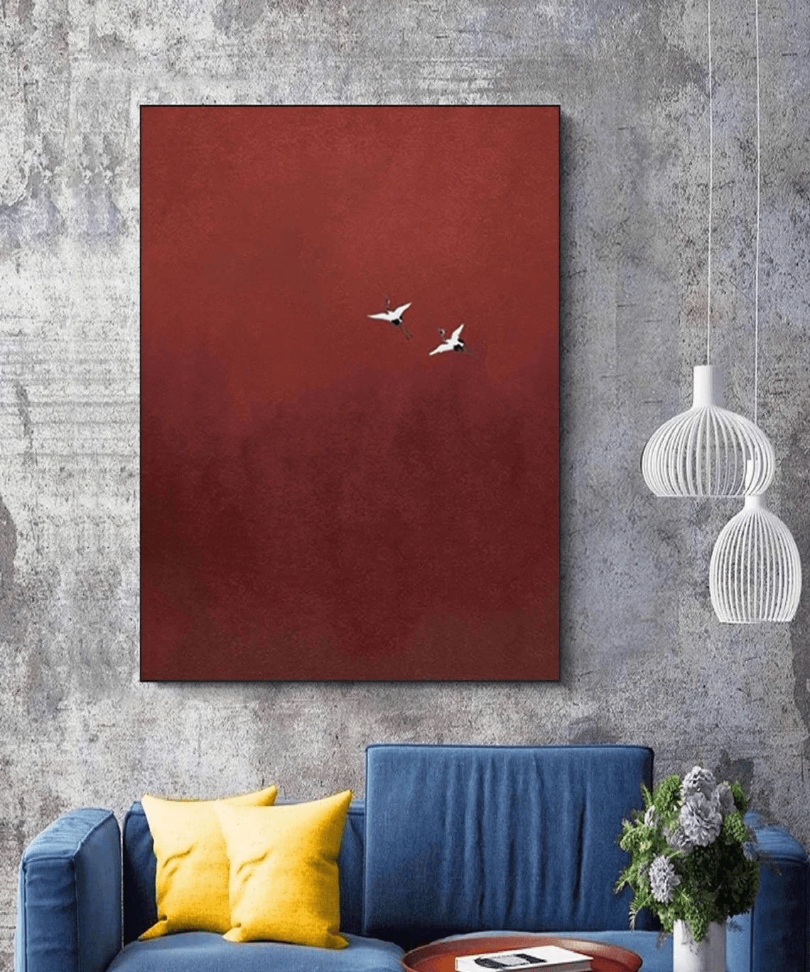 Minimalist Red Abstract Oil Painting with Flying Birds Wall Art TC 026 - Texarart