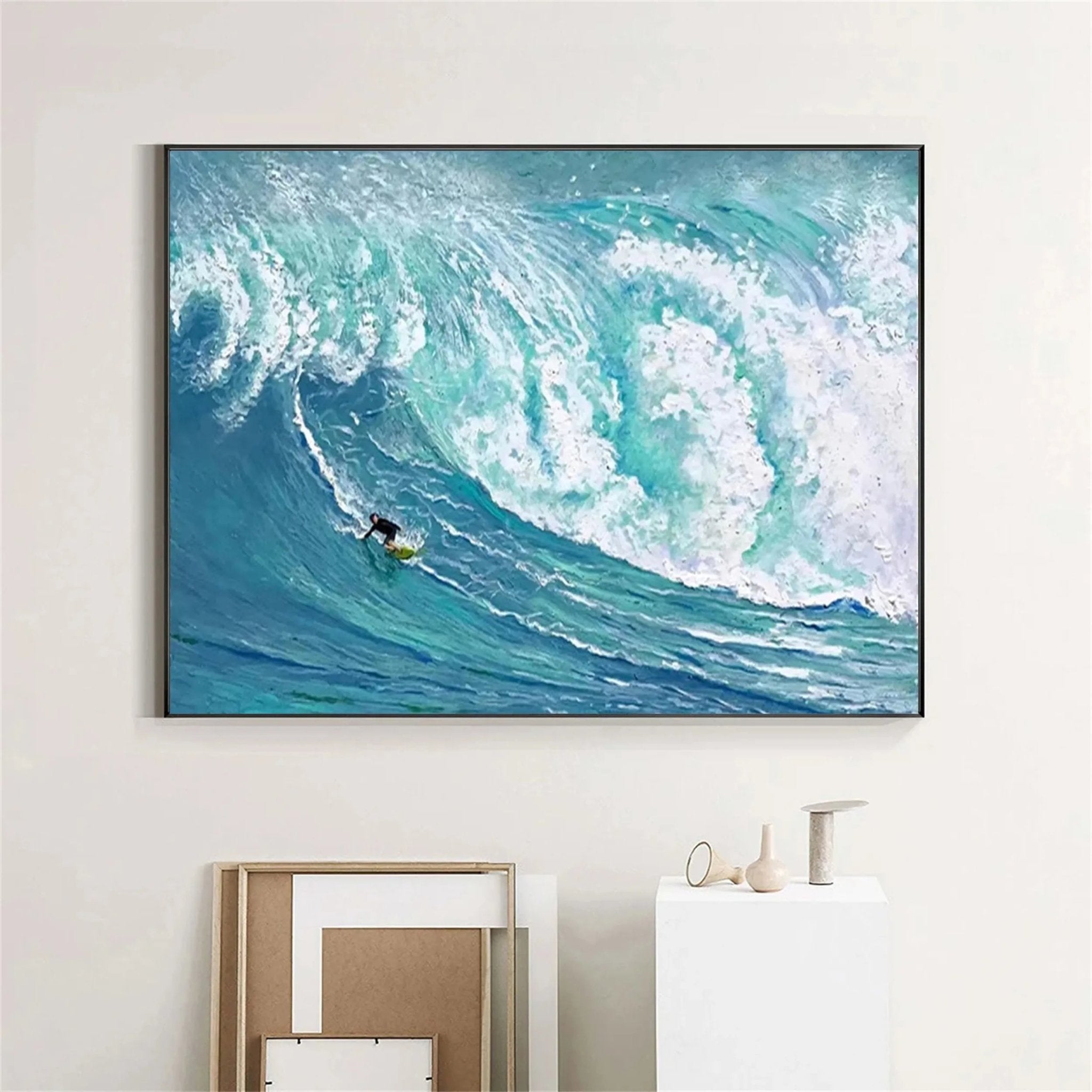 Teal White Textured Surfing Abstract Oil Painting for Wall Decor JJ 186 - Texarart