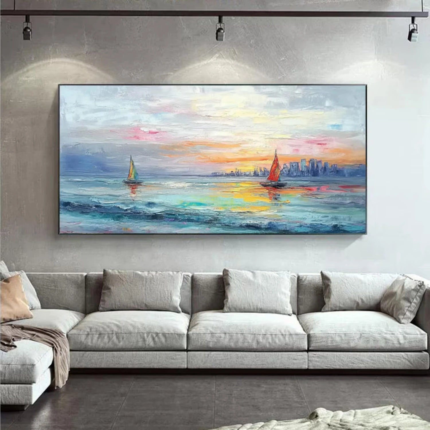 Sunset Seascape Sailboats City Abstract Oil Painting for Home Decor JJ 181 - Texarart