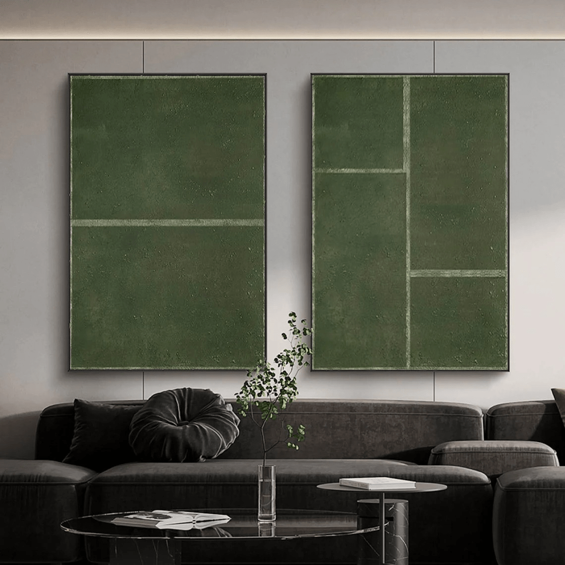 Set of 2 Large Abstract Green Oil Paintings with Geometric Design |  TC 017 - Texarart
